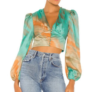 Superdown Revolve Eleen Blouson Top in Teal Multi